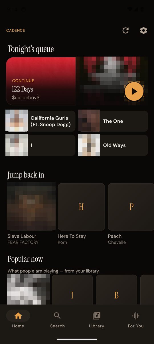 Cadence home screen on Android with a queue, recently played albums and recommendation shelves