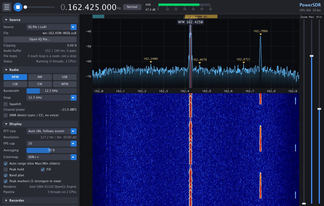 PowerRF tuned to NOAA weather radio in narrow FM, with peak markers on the active signals