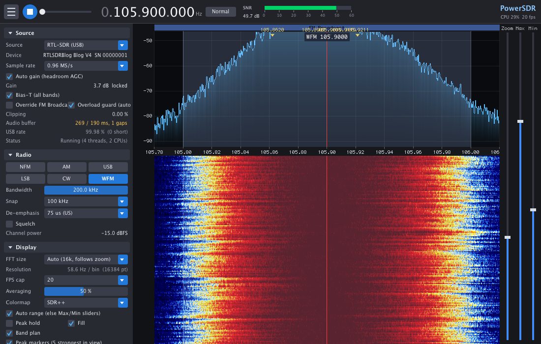 PowerRF showing the FM broadcast band around 105.9 MHz with a spectrum trace and a dense waterfall
